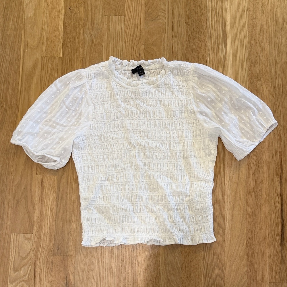 Woman’s J. Crew White Textured Blouse with Sheer Sleeves Sz Small